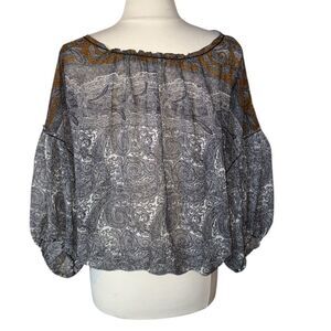 Studio M Neiman Marcus Sheer Paisley Blouse L‎ Boho Balloon Sleeve